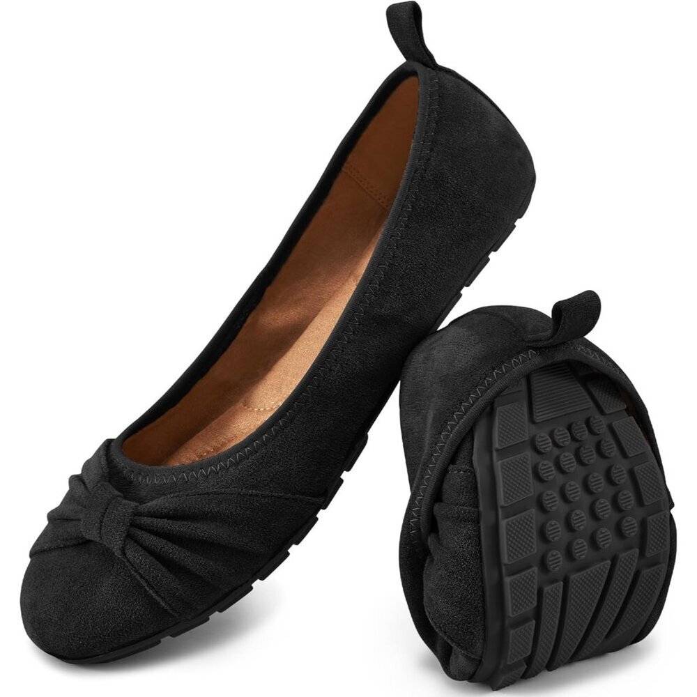 Women Black Suede Closed Rounded Toe Comfortable Slip On Ballet Loafers Shoes